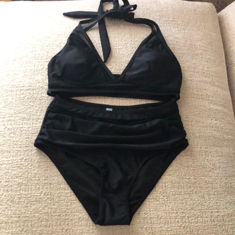 Women Mesh High Waisted Bikini Set Sexy V Neck Tummy Control Swimsuit - Picture 2 of 10